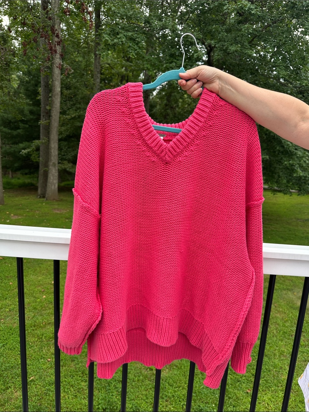 Free People Oversized V-Neck Sweater in Fuchsia Pink